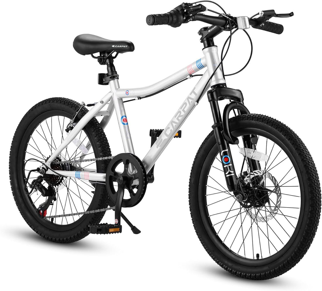 S20101 Ecarpat 20 Inch Kids Bike, Boys Girls Mountain Bike Ages 8 12, 7 Speed Teenager Children Kids' Bicycles, Front Suspension Disc U Brake, 14 Inch Height Steel Frame White Polyurethane Foam Carbon Steel