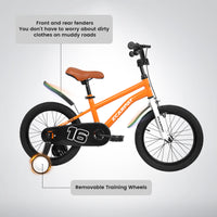 A16114 Kids Bike 16 Inch For Boys & Girls With Training Wheels, Freestyle Kids' Bicycle With Fender. Orange Steel