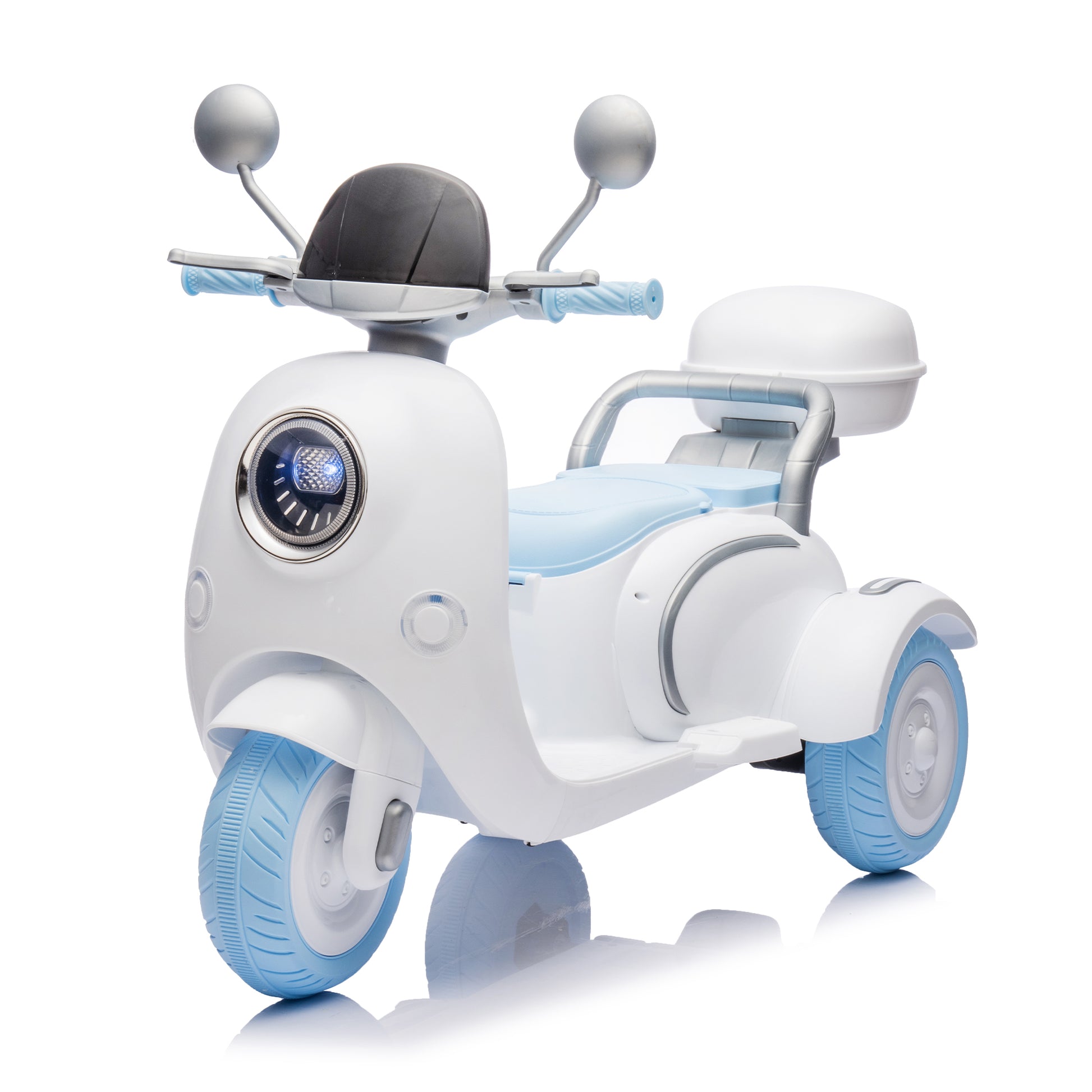 12V Two Seater Kids Ride On Electric Motorcycle,Three Wheels Kids Toy With Slow Start,Multi Function Player,Usb,Bluetooth, Light,Backseat Flip Adult Seat, Oversized Storage Box For Kids Aged 3 6. Blue Plastic