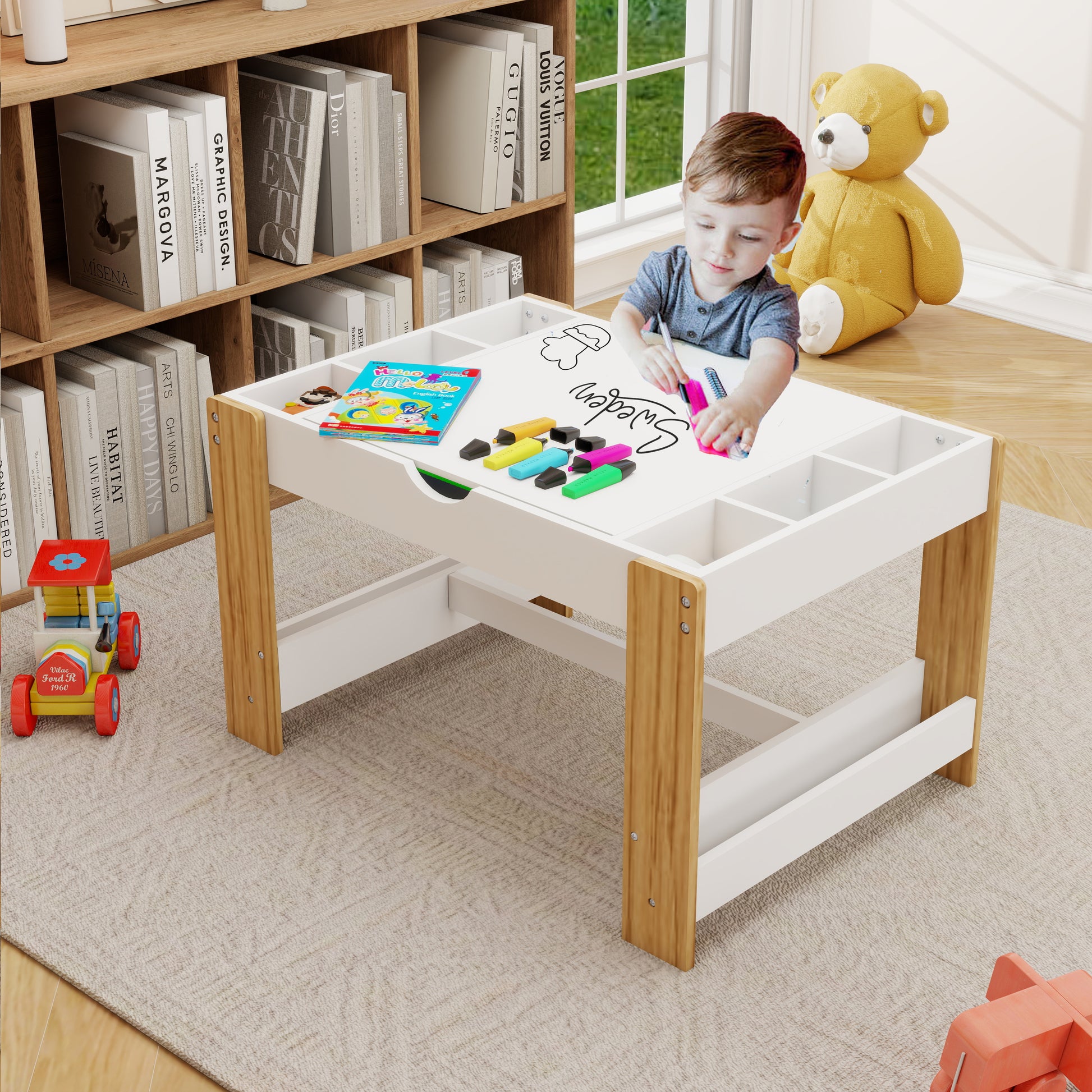 Kids 2 In 1 Play Table With 7 Storage Compartments,Compatible With Lego Building Block,Modern Activity Learning Table Game Furniture White White Green Mdf