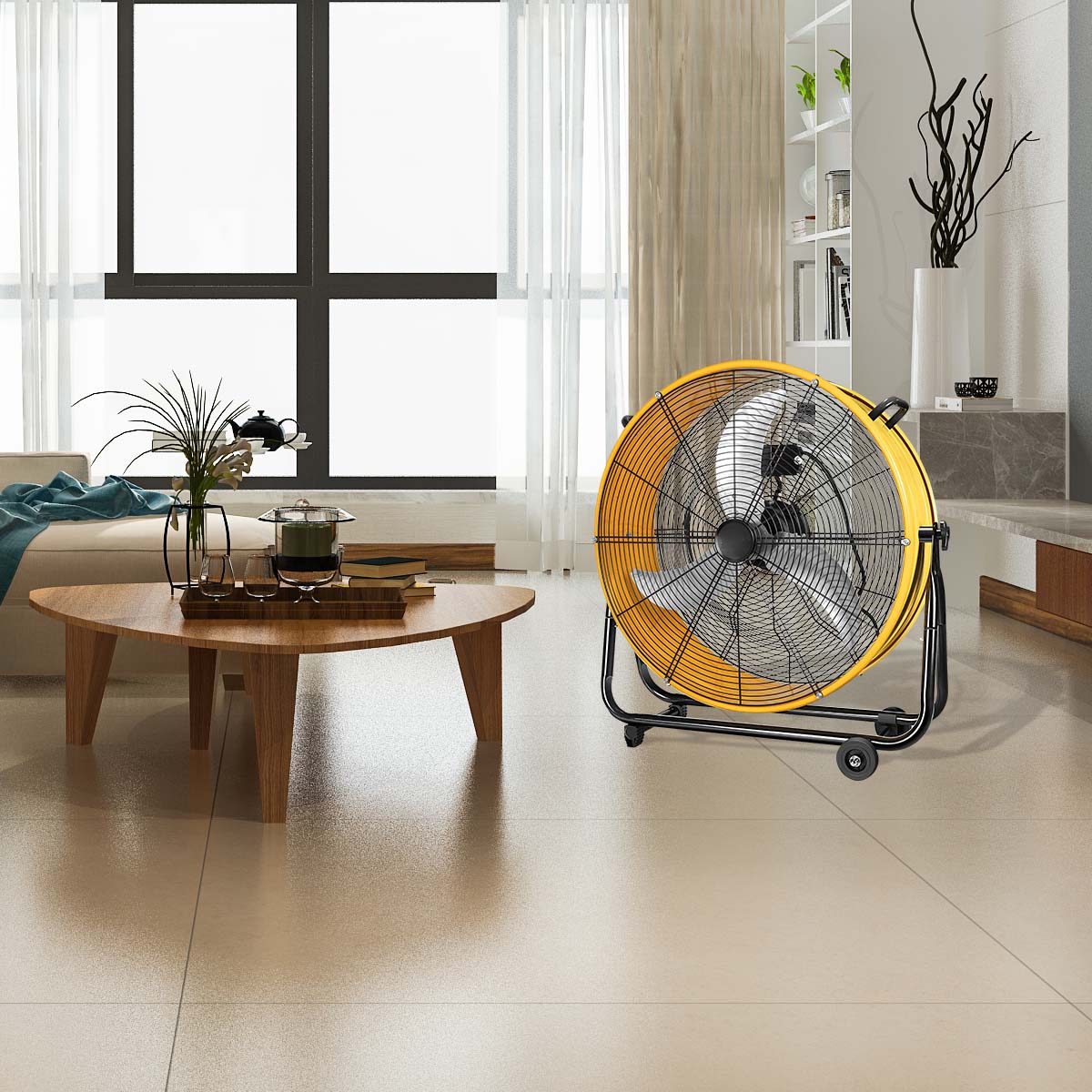 30 In. 3 Speed Yellow Heavy Duty Metal Industrial Drum Fan, Air Circulation Yellow Metal