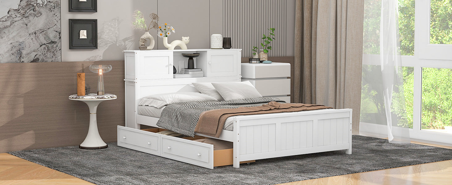 Full Size Platform Bed With Storage Headboard And Sliding Door,2 Drawers, White Full White Solid Wood Mdf