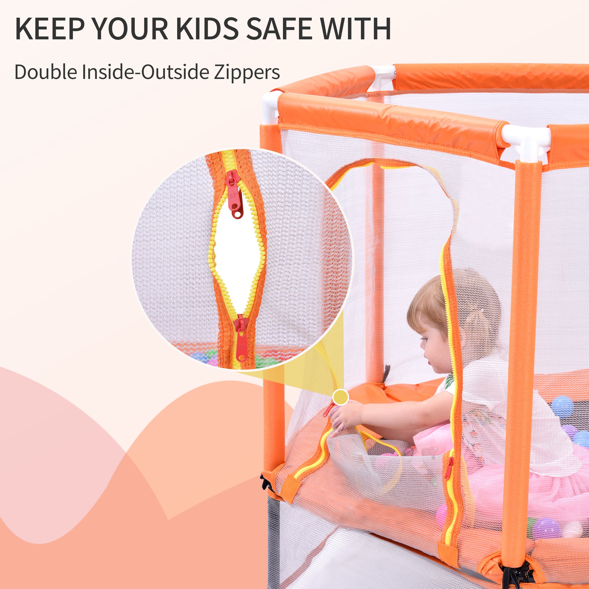 55'' Toddlers Trampoline With Safety Enclosure Net And Balls, Indoor Outdoor Mini Trampoline For Kids Orange Metal