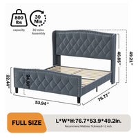 Full Size Bed Frame, Modern Upholstered Platform Bed With Wingback Headboard, Velvet Bed Frame With Wood Slat Support, Easy Assembly, No Box Spring Needed Gray, Full Full Gray Iron