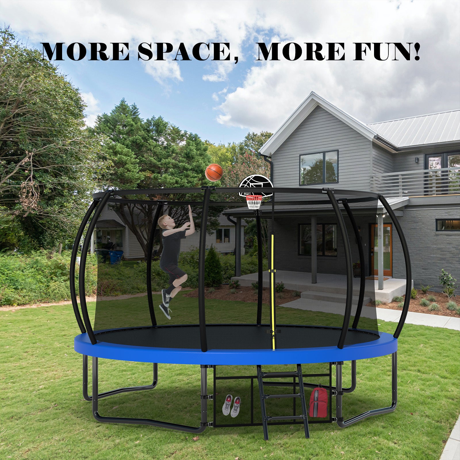 14Ft Trampoline With Enclosure Recreational Trampolines With Ladder And Antirust Coating, Astm Approval Outdoor Trampoline For Kids Blue Steel