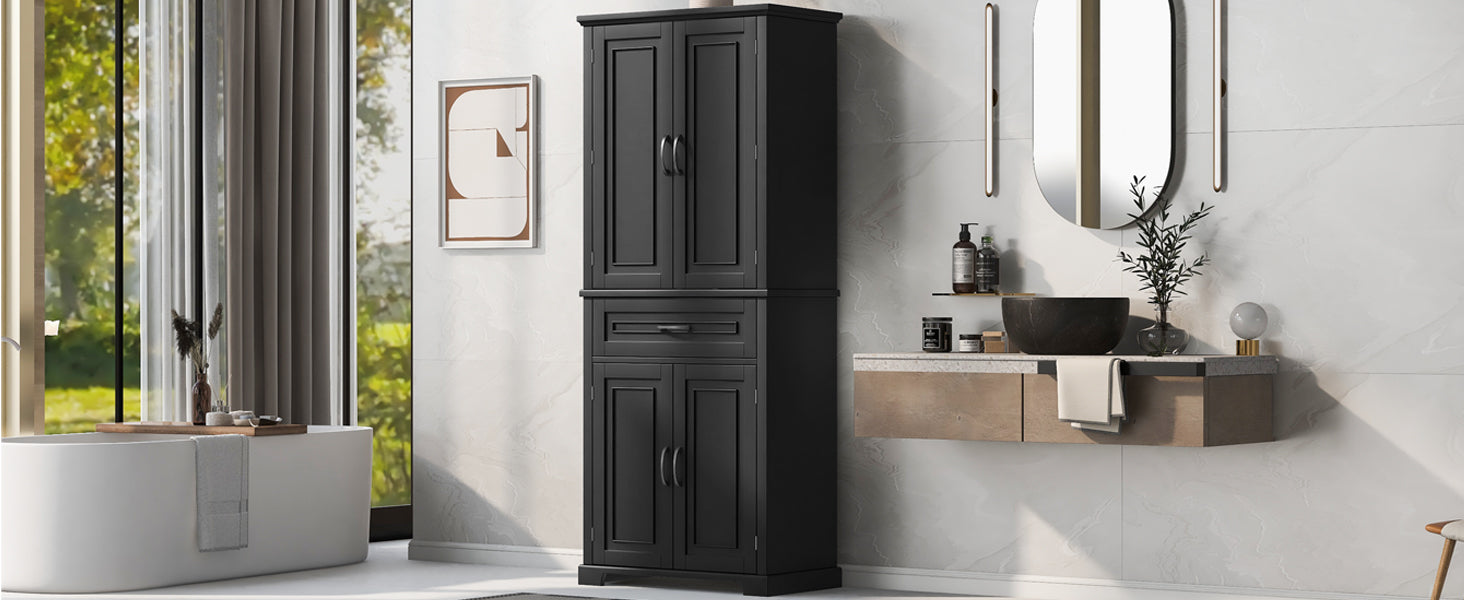 Bathroom Storage Cabinet With Doors And Drawer, Multiple Storage Space, Adjustable Shelf, Black Black Mdf