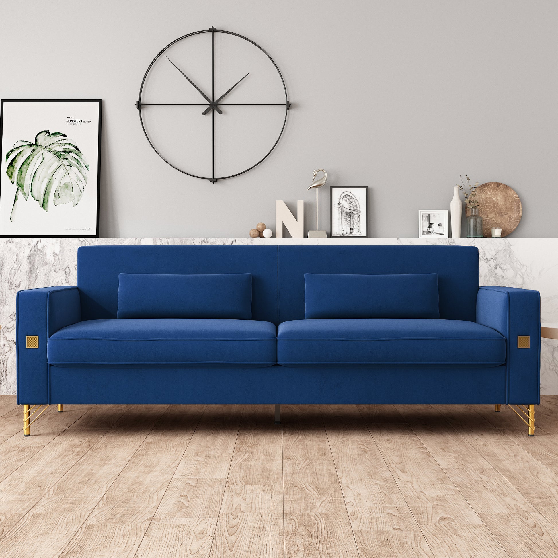 Fx P18 Rb Sofa Luxury Velvet Sofa With Gold Accents Modern 3 Seat Couch With Plush Cushions, Perfect For Living Room And Office Decor Retro Blue Velvet 3 Seat