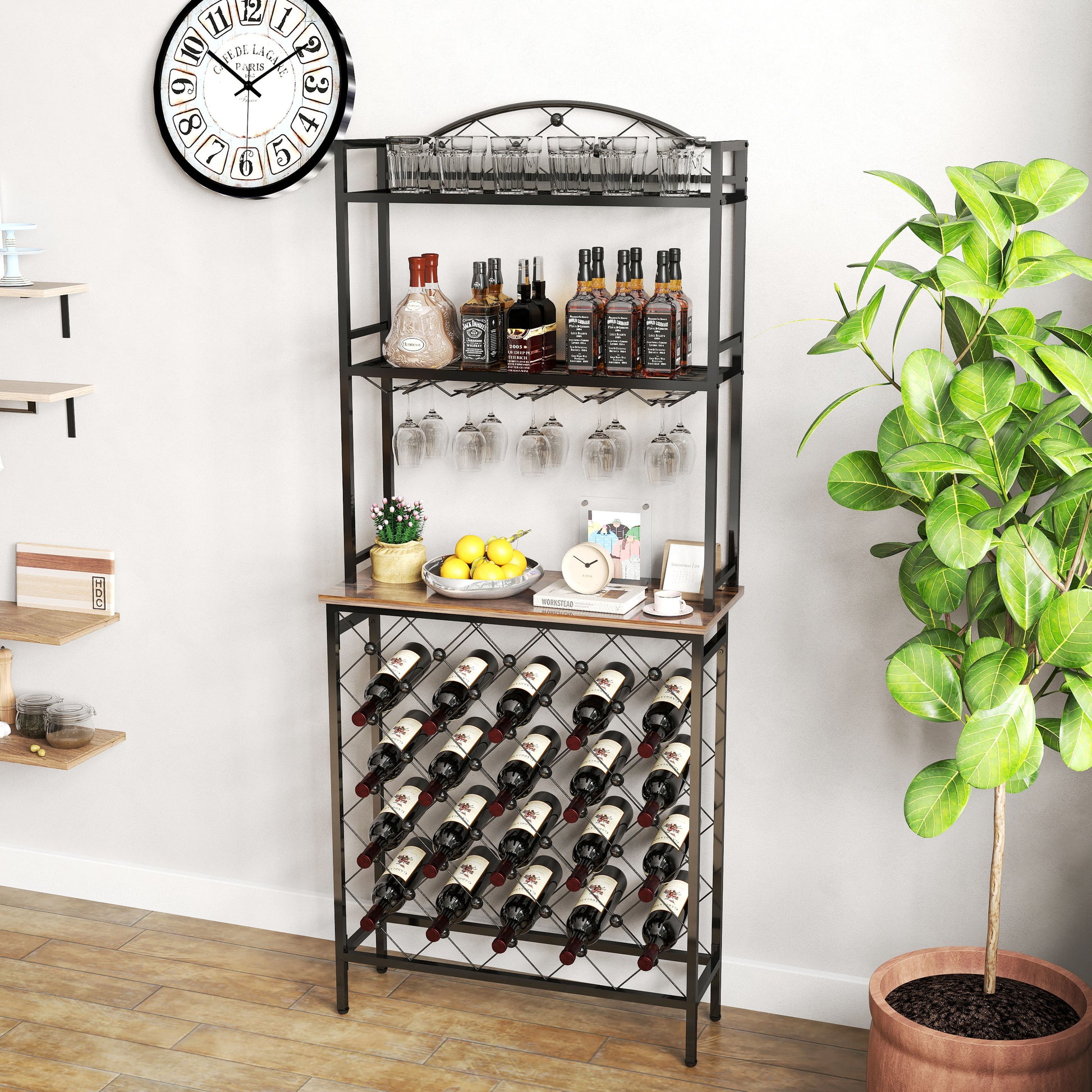 Industrial Wine Rack Bar Table, 3 Tier Liquor Bottle And Glass Holder With Storage Shelves, Metal And Wood Wine Organizer For Home Kitchen, Dining Room, And Living Room Black Brown Kitchen American Design Metal