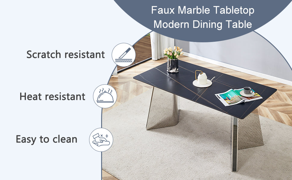 Table And Chair Set.63"X31.5X30" Black Marble Patterned Slabs Tabletop With Stainless Steel Butterfly Legs.Paried With 6 Dark Gray High Quality Pu Chairs With Silver Metal Legs. Dark Gray,Silver