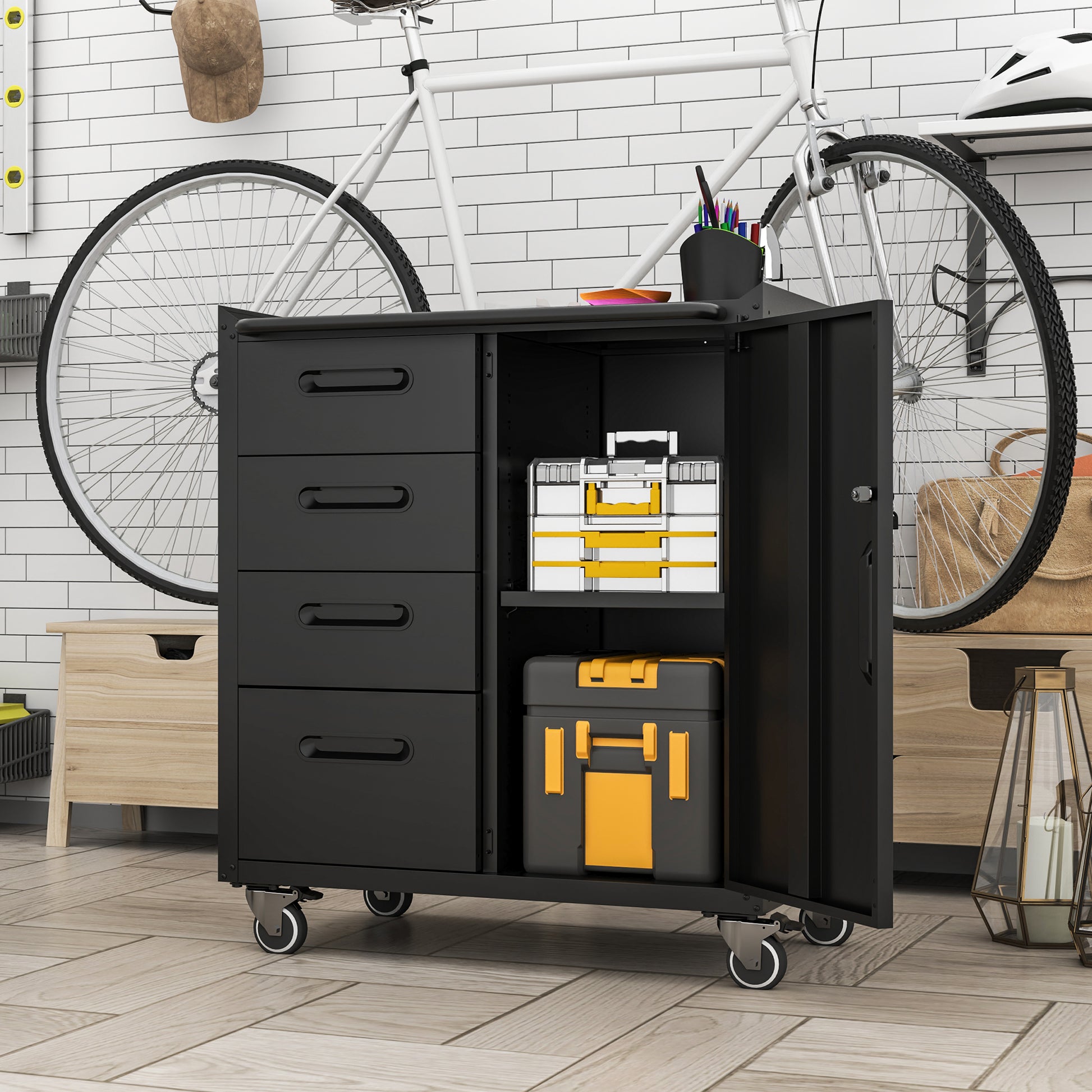 Sturdy Metal Tool Storage Cabinet With Wheels Tool Storage Cabinet For Garage, Office, And Home Organizer Solutions, Black Gray Black Gray Steel