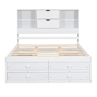 Queen Size Platform Bed With Storage Headboard And 8 Drawers, White Box Spring Not Required Queen White Wood Bedroom Bed Frame Solid Wood Mdf