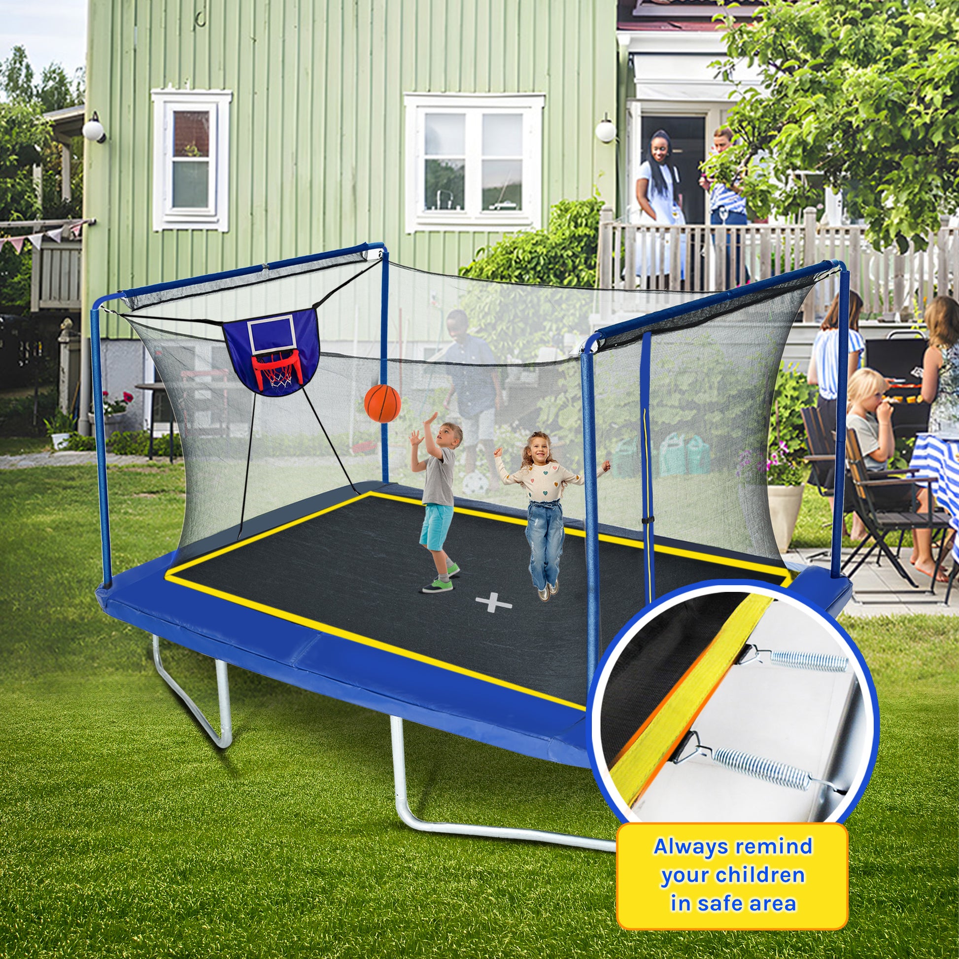 Yc 8Ft By 12Ft Rectangular Trampoline With Basketball Board,Ball Inflater And Ladder Blue Astm Standard Tested And Cpc Certified Blue Steel