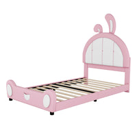 Twin Size Upholstered Platform Bed With Rabbit Shaped Headboard, Pink Box Spring Not Required Twin Pink White Wood Bedroom Bed Frame Faux Leather Upholstered