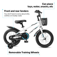 C16111A Kids Bike 16 Inch For Boys & Girls With Training Wheels, Freestyle Kids' Bicycle With Bell,Basket And Fender. White Steel