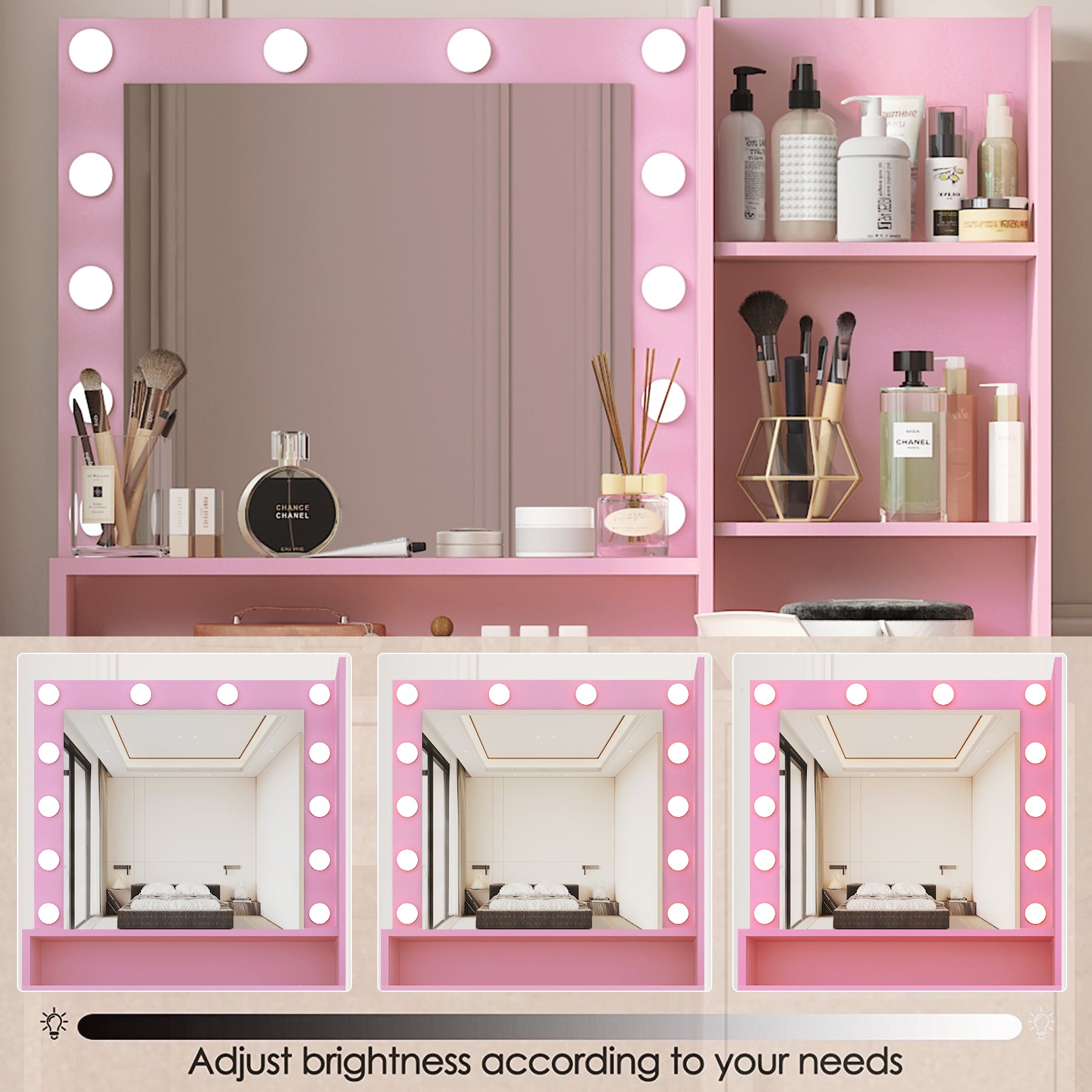 Vanity Desk With Mirror & Light, Large Drawer Three Level Storage Dresser, 3 Lighting Modes Adjustable Brightness, Bedroom Dressing Table Pink Pink Particle Board