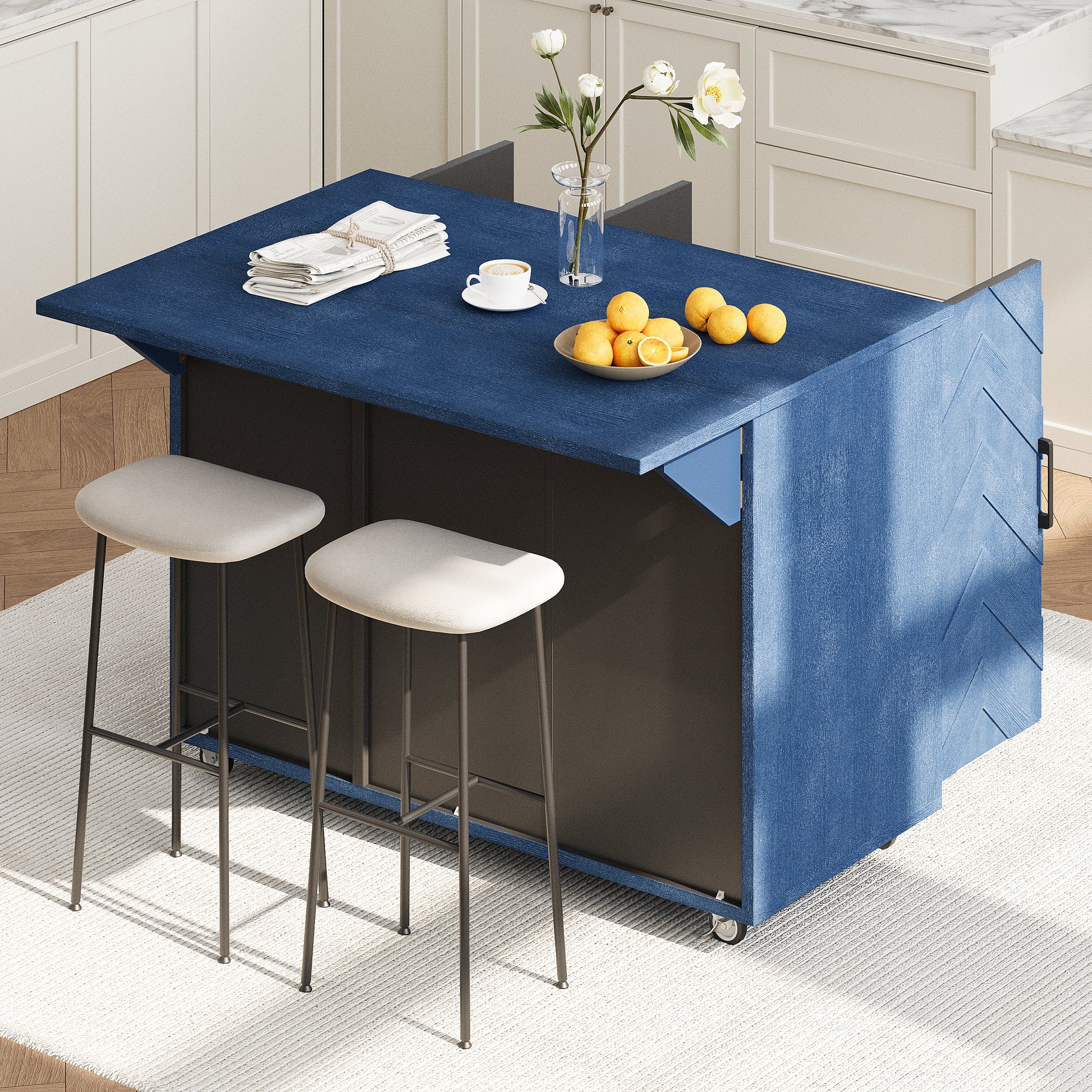 K&K 51.2"W 3D Wave Stripes Ash Veneer Not Cheap Paper Kitchen Island With Drop Leaf, Farmhouse Kitchen Island On Wheels With Internal Storage Rack, Rolling Kitchen Cart Navy Blue Navy Blue Nature