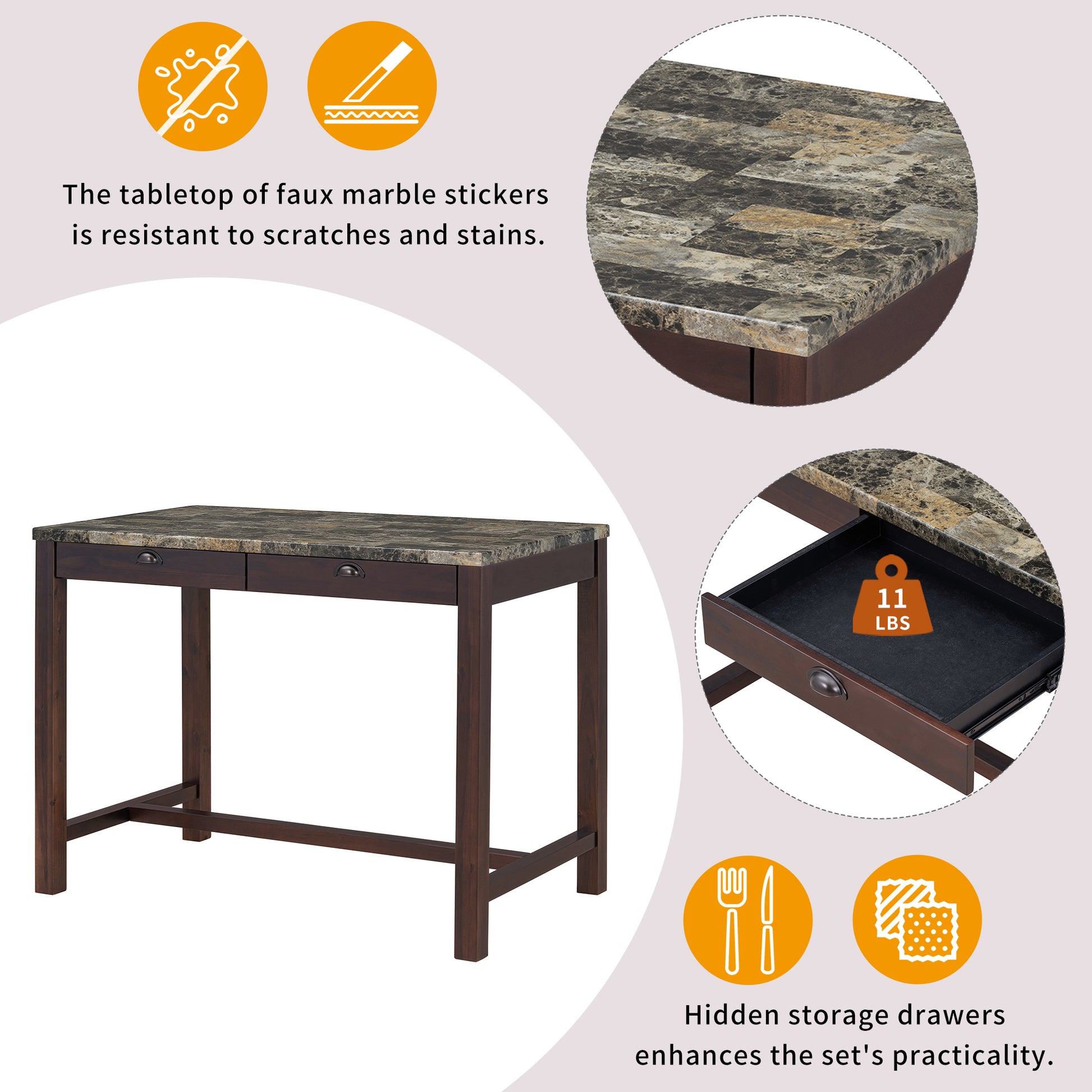 3 Piece Modern Faux Marble Versatile Bar Table Set With Storage Drawers And Padded Stools, Ideal For Space Saving Dining Nooks Or Small Kitchens Walnut Walnut Solid Wood Mdf