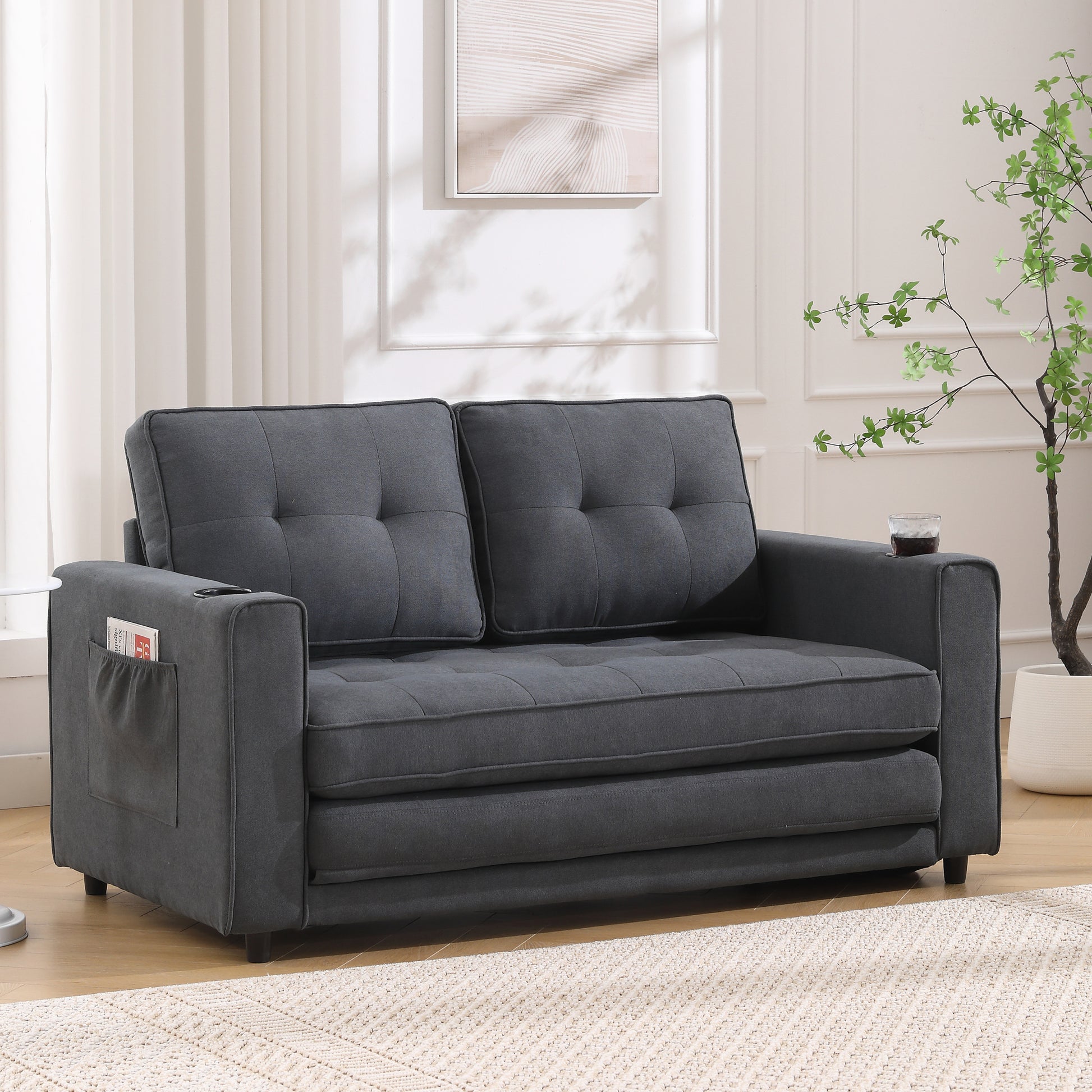 3 In 1 Upholstered Futon Sofa Convertible Sofa Bed,Foldable Tufted Loveseat With Pull Out Sleeper Couch Bed,Folding Mattres Beautiful Seat Daybed W Side Pockets And Cup Holder, Dark Gray Dark Gray Foam Fabric