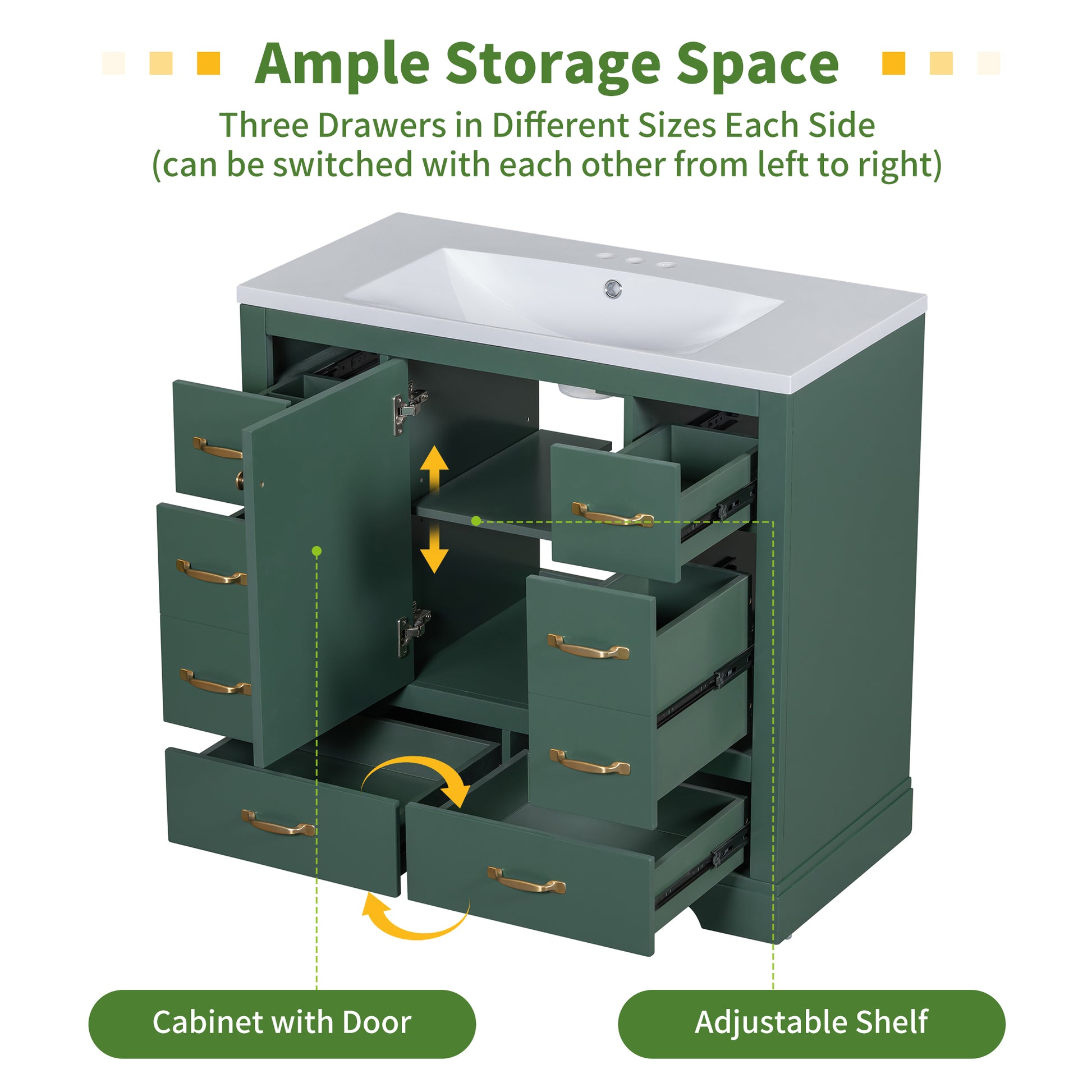 36" Bathroom Vanity With Sink Combo, Six Drawers, Multi Functional Drawer Divider, Adjustable Shelf, Green Old Sku:Sy999808Aaf Green Solid Wood Mdf