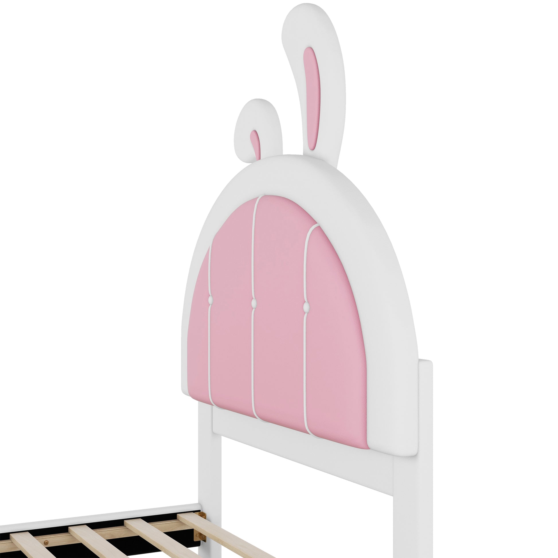 Twin Size Upholstered Platform Bed With Rabbit Shaped Headboard, White Box Spring Not Required Twin White Pink Wood Bedroom Bed Frame Faux Leather Upholstered