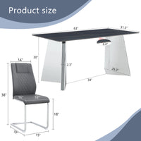 Table And Chair Set.63"X31.5X30" Black Marble Patterned Slabs Tabletop With Stainless Steel Butterfly Legs.Paried With 4 Dark Gray High Quality Pu Chairs With Silver Metal Legs. Dark Gray,Silver