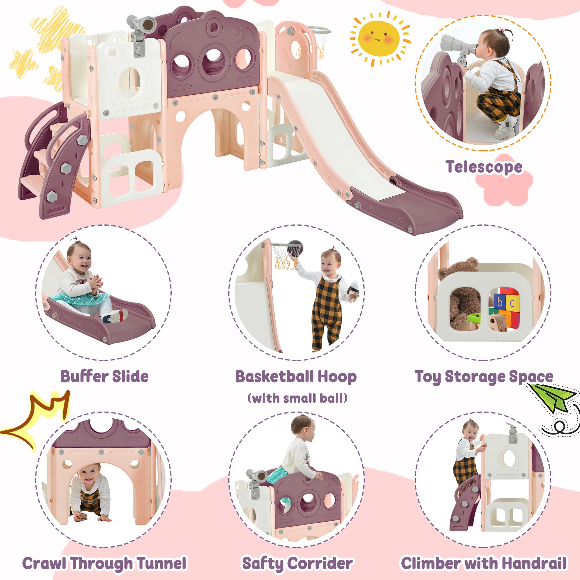 7 In 1 Toddler Slide Set, Freestanding Space Set With Slide, Kids Slide Playset Structure, Arch Tunnel And Basketball Hoop, Toy Storage Organizer For Toddlers, Kids Climbers Playground Purple 50 99 Lbs Cute 1 To 2 Years Hdpe Indoor & Outdoor Use