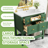 30'' Bathroom Vanity With Resin Sink Combo, Free Standing Single Vanity Set With 5 Drawers, Solid Wood Frame Bathroom Storage Cabinet, Green 4 Green 1 Bathroom Freestanding Modern Solid Wood Mdf Resin Painted