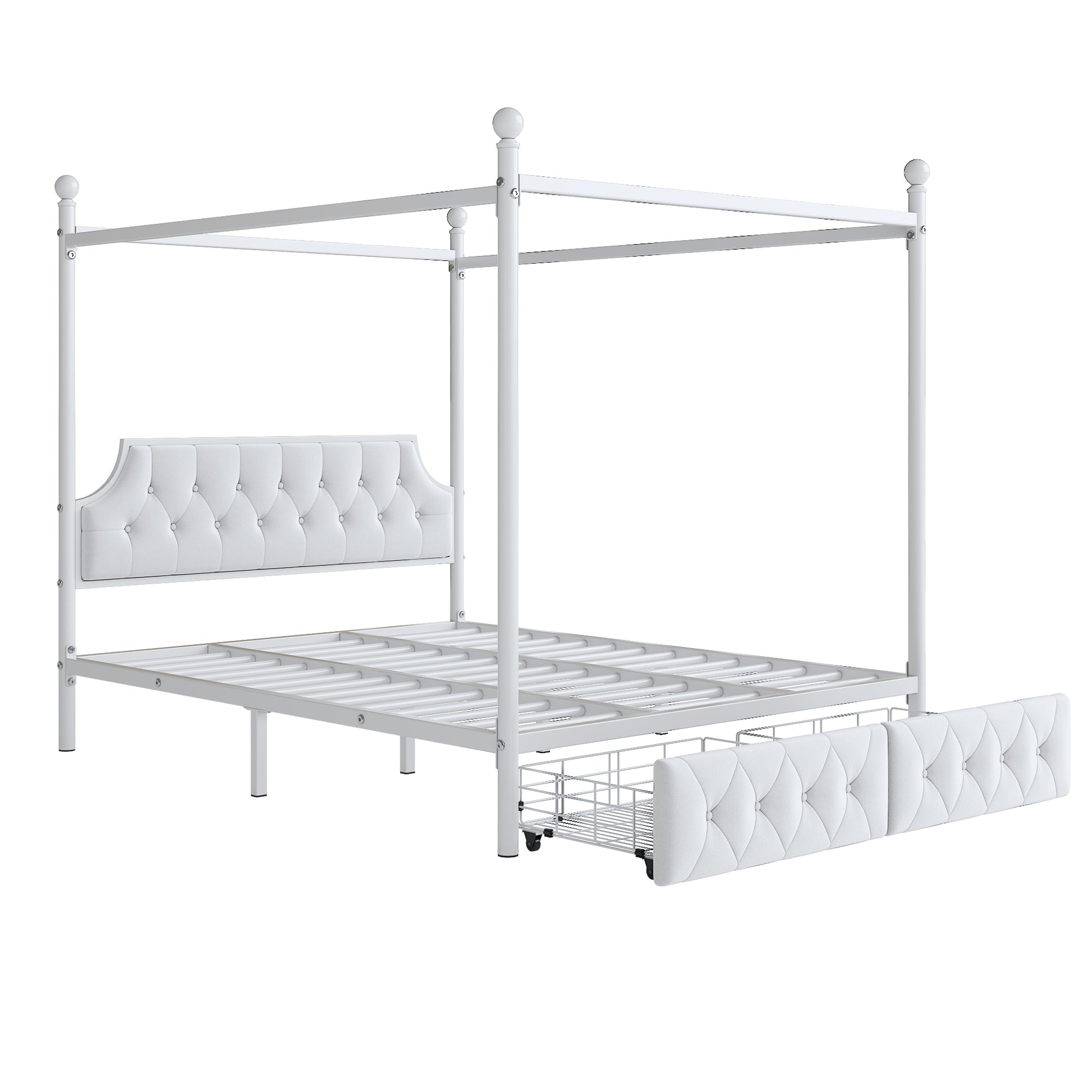 Queen Size Metal Canopy Platform Bed With Upholstered Headboard And Two Storage Drawers, White Queen White Metal