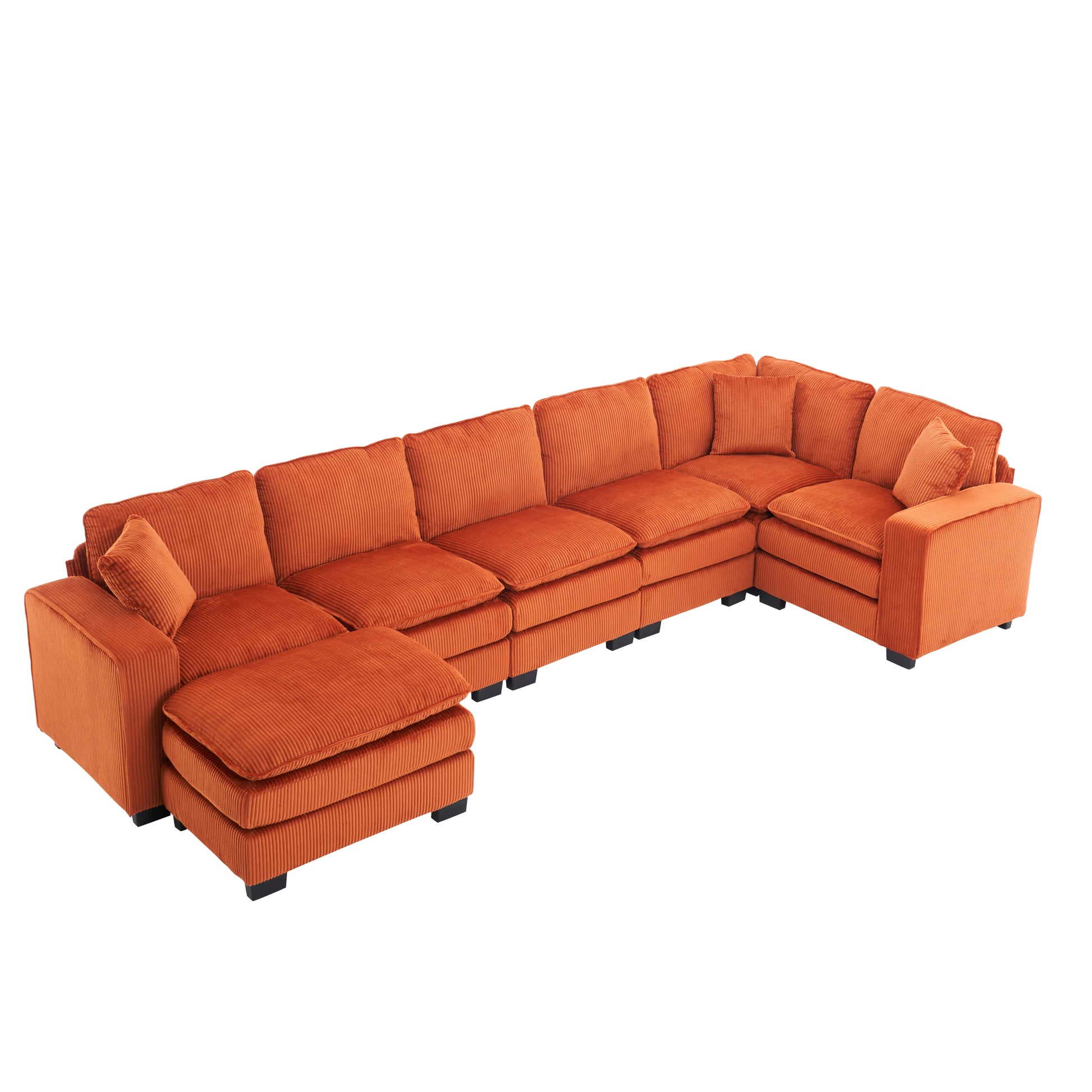 Modern U Shaped 6 Seat Sectional Sofa Couch With One Ottoman And Three Toss Pillows ,Modular Sofa For Living Room,Corduroy Sofa Orange Corduroy 7 Seat