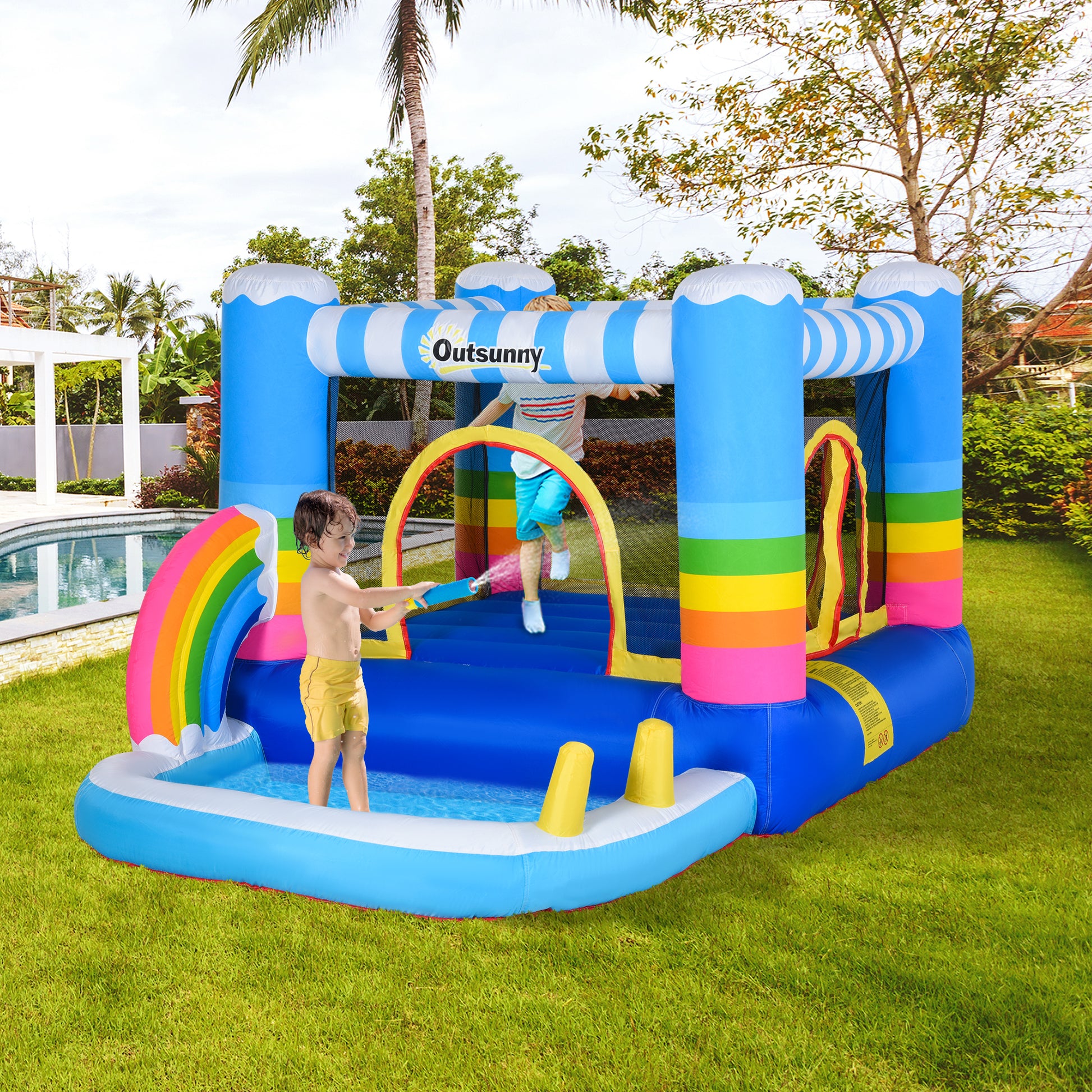 Outsunny Inflatable Bounce House For Kids 2 In 1 Jumping Castle For Indoor Outdoor Party With Trampoline, Pool, Carry Bag & Air Blower Multi Oxford Fabric