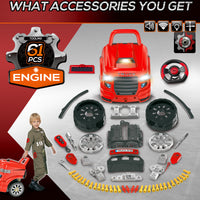 Qaba Kids Truck Engine Toy, Kids Mechanic Car Repair Set, Engine Disassembly Play Workshop, Includes 61 Pieces, Steering Wheel, Horn, Light For 3 5 Years Old, Red Red Abs