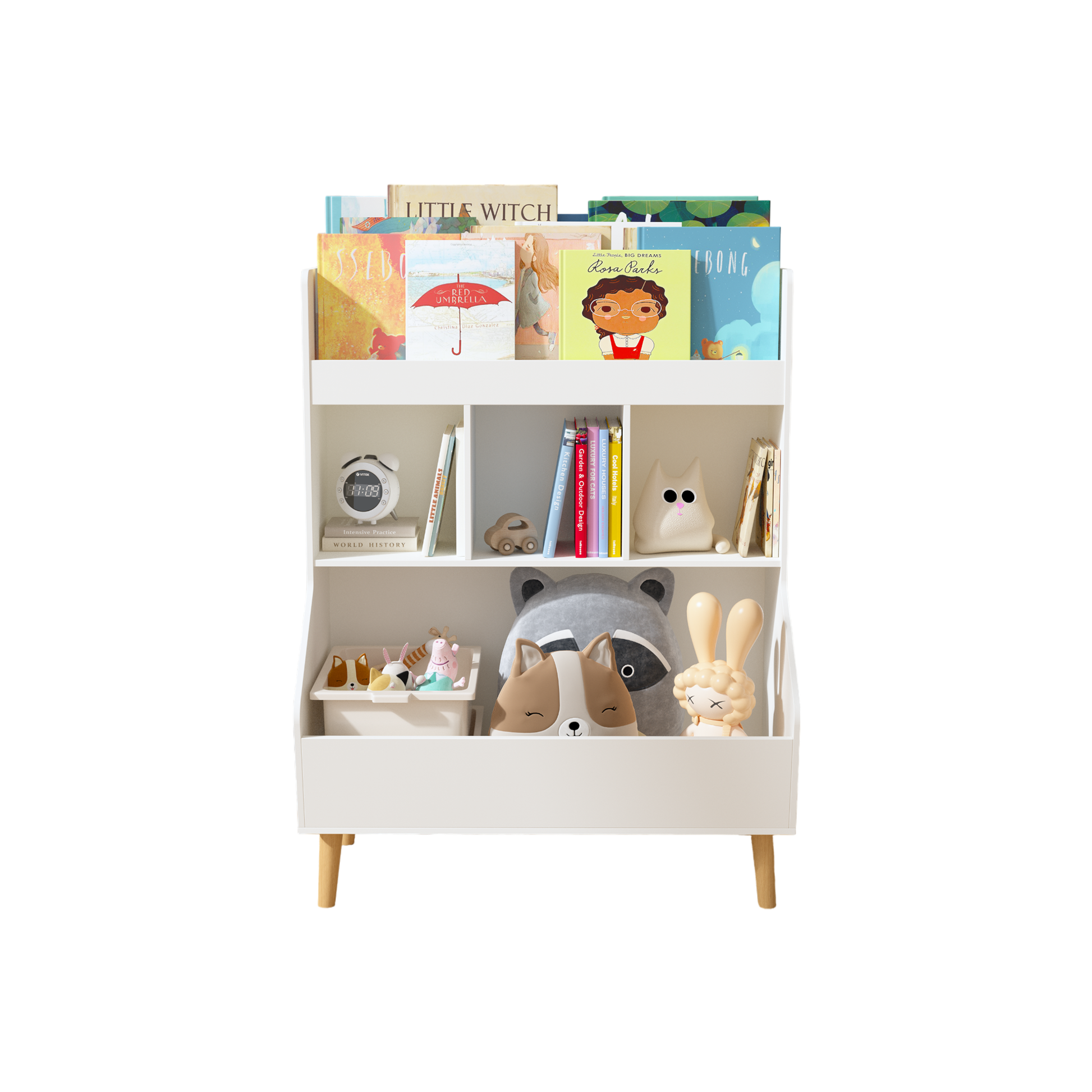 Toy Storage Organizer, Kids Bookshelf And Toy Storage With Legs, Multifunctional Storage Organizer, Children Bookcase For Kids Room, Living Room, Nursery,White White Solid Wood Mdf