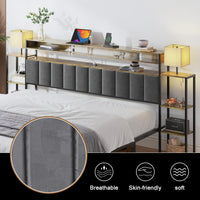 King Bed Frame With Storage, Platform Bed King Size With Led Lights And Charging Station, Dark Gray Velvet Headboard With Bookcase Shelves, No Box Spring Needed, Noise Free Box Spring Not Required