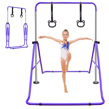 Multi Functional Adjustable Height Children'S Horizontal Gymnastic Bar With Bear Rings Purple Steel