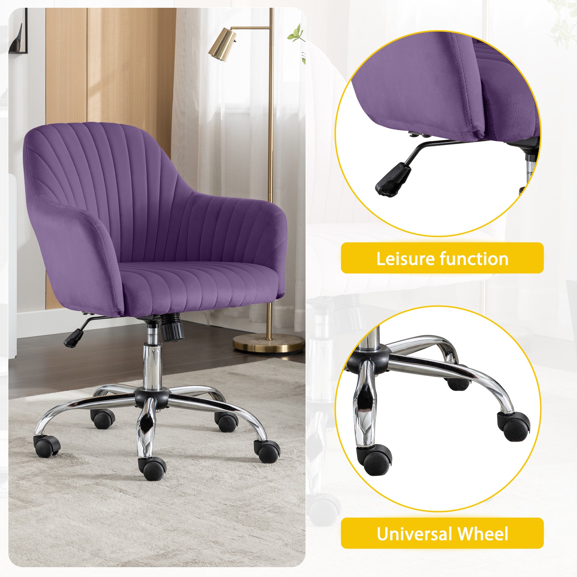 Accent Chair Modern Home Office Leisure Chair With Adjustable Velvet Height And Adjustable Casters Purpie Purple Cotton Velvet