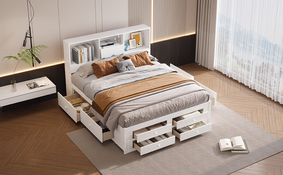 King Size Platform Bed With Storage Headboard And 8 Drawers, White Box Spring Not Required King White Wood Bedroom Bed Frame Solid Wood Mdf