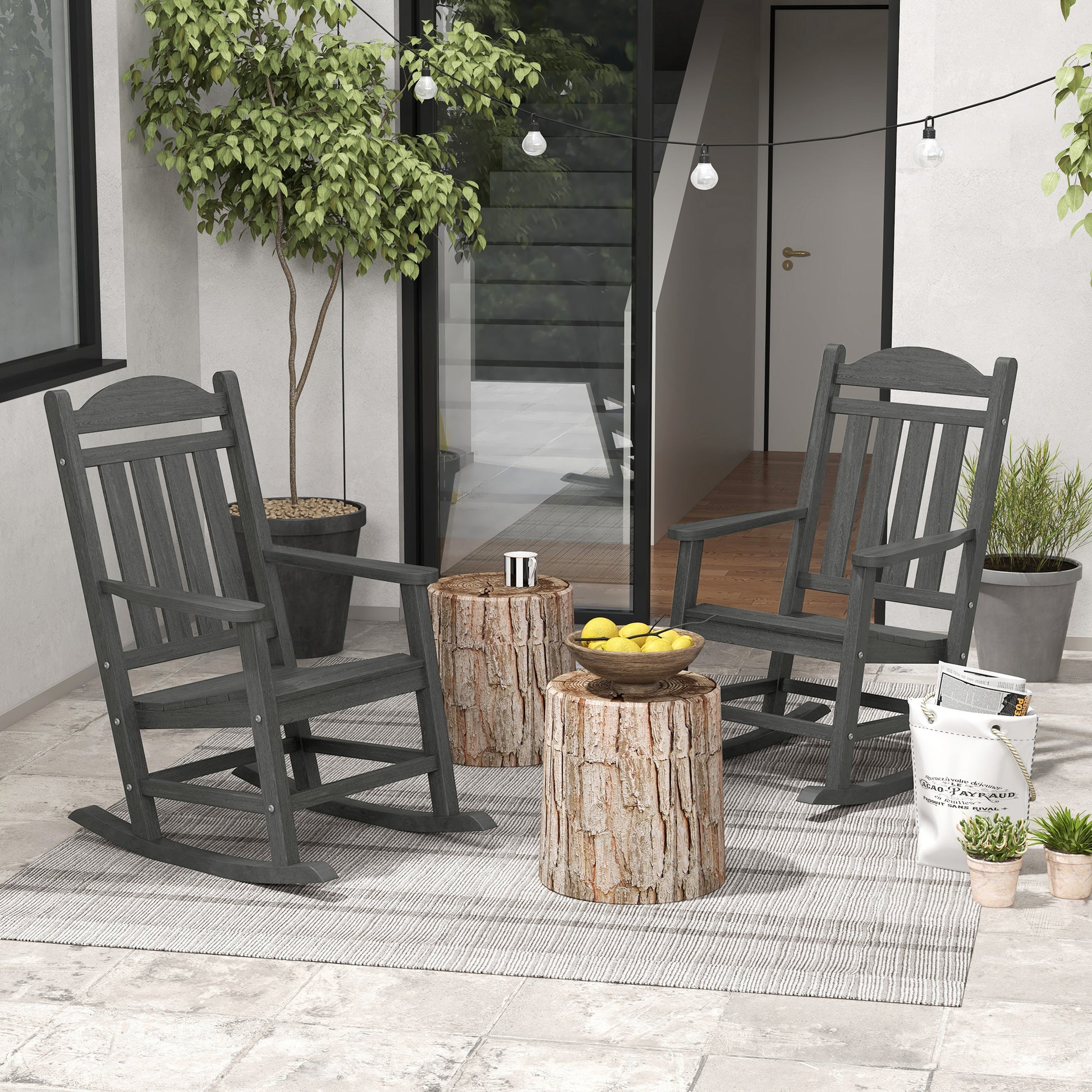 Outsunny 2 Pieces Outdoor Rocking Chair, All Weather Resistant Hdpe Rocking Patio Chairs With Rustic High Back, Armrests, Oversized Seat And Slatted Backrest, 350Lbs Weight Capacity, Dark Gray Dark Gray Plastic