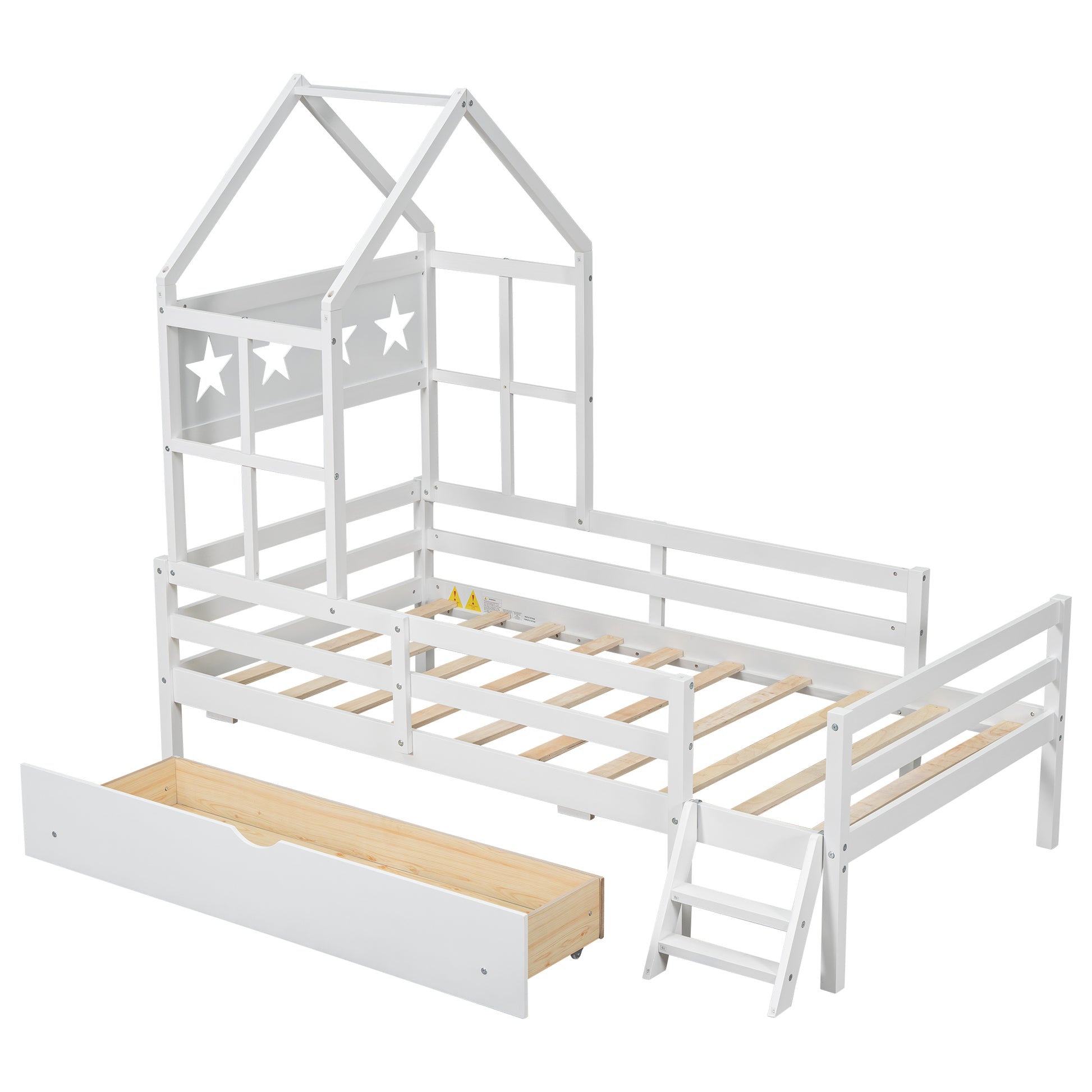 Wood Twin Size House Platform Bed With Guardrail And Drawer, White Box Spring Not Required Twin White Wood Bedroom Bed Frame Solid Wood Mdf