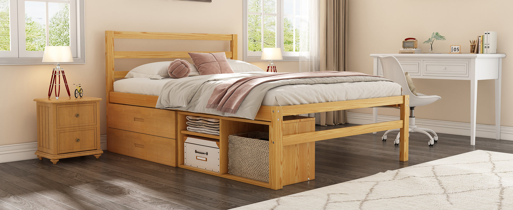 Full Size Wood Platform Bed With Removable Storage Shelves, Built In Two Storage Drawers For Added Convenience, Natural Full Natural Wood