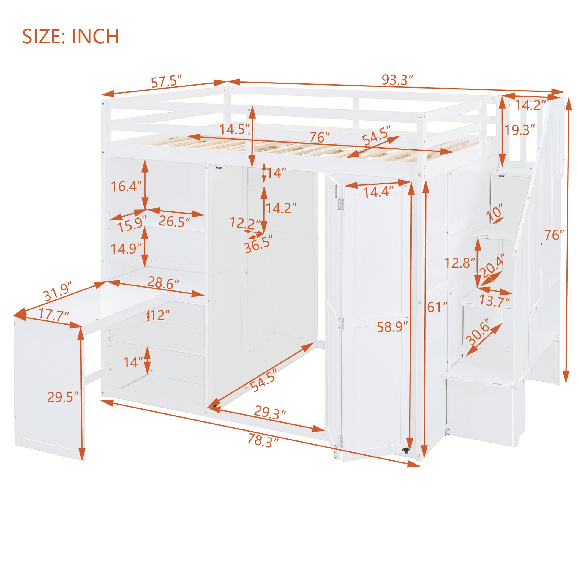 Full Size Bunk Bed With Wardrobe,Desk And Shelves,White White Mdf Lvl