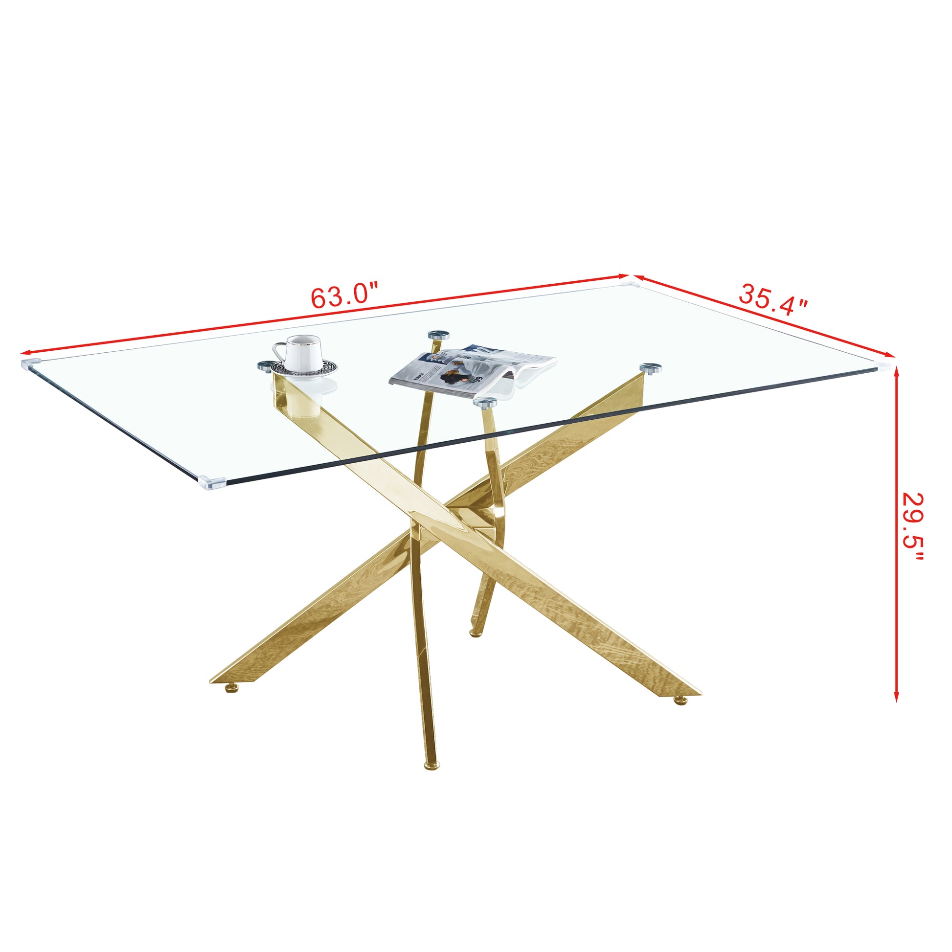 Rectangular Tempered Glass Dining Table, Modern Dining Room Interior Design, For 6 People Gold Glass