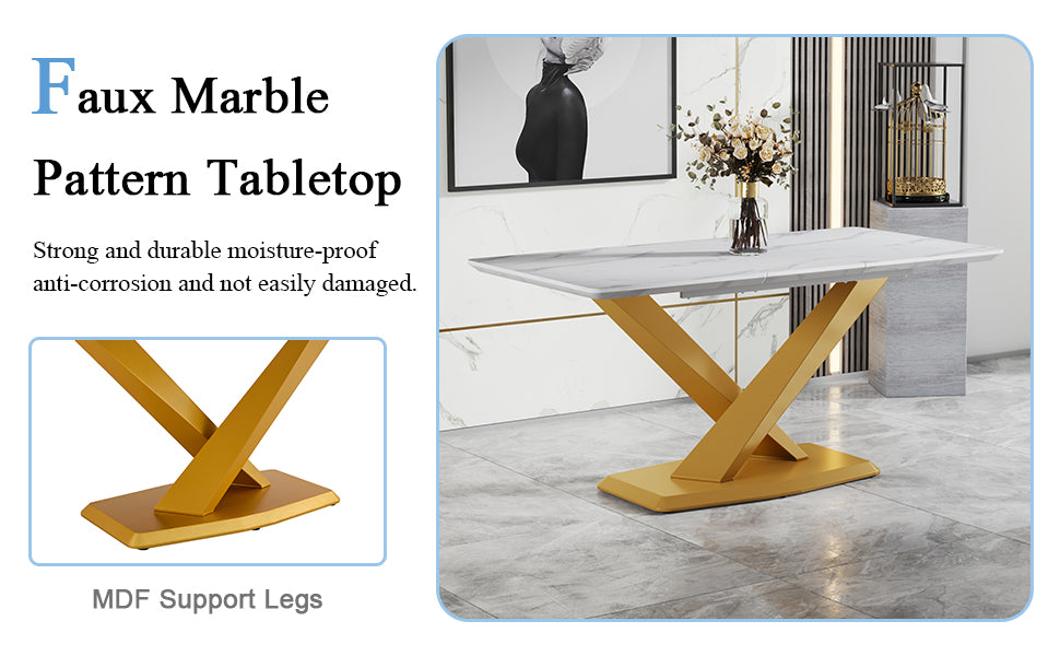 Table And Chair Set.The Table Is Equipped With A Marble Patterned Mdf Tabletop And Gold Table Legs.Paired With 4 Light Gray Chairs With Pu Cushions And Black Metal Legs. Gold,Light Gray Seats 4 Mdf