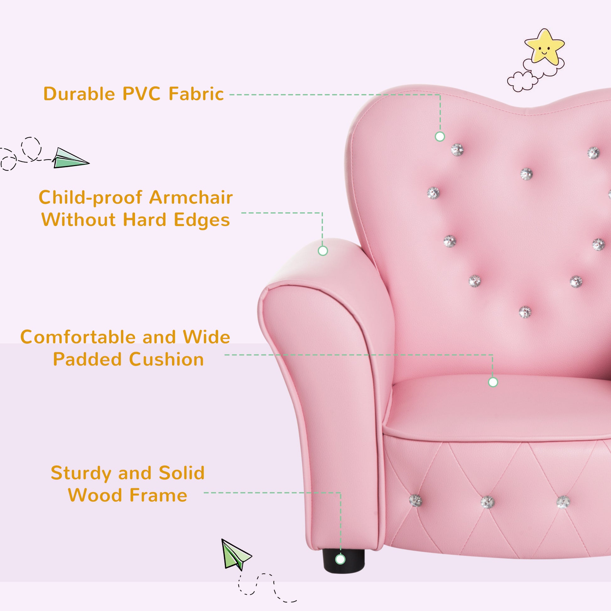 Qaba Kids Sofa Toddler Tufted Upholstered Sofa Chair Princess Couch Furniture With Diamond Decoration For Preschool Child, Pink Pink Polyvinyl Chloride