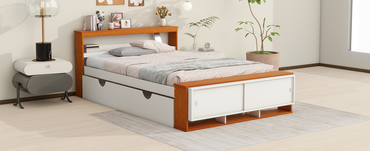 Full Size Platform Bed With Trundle,Storage Headboard And Footboard,Usb Charging Design,White Natural Full White Natural Solid Wood Mdf