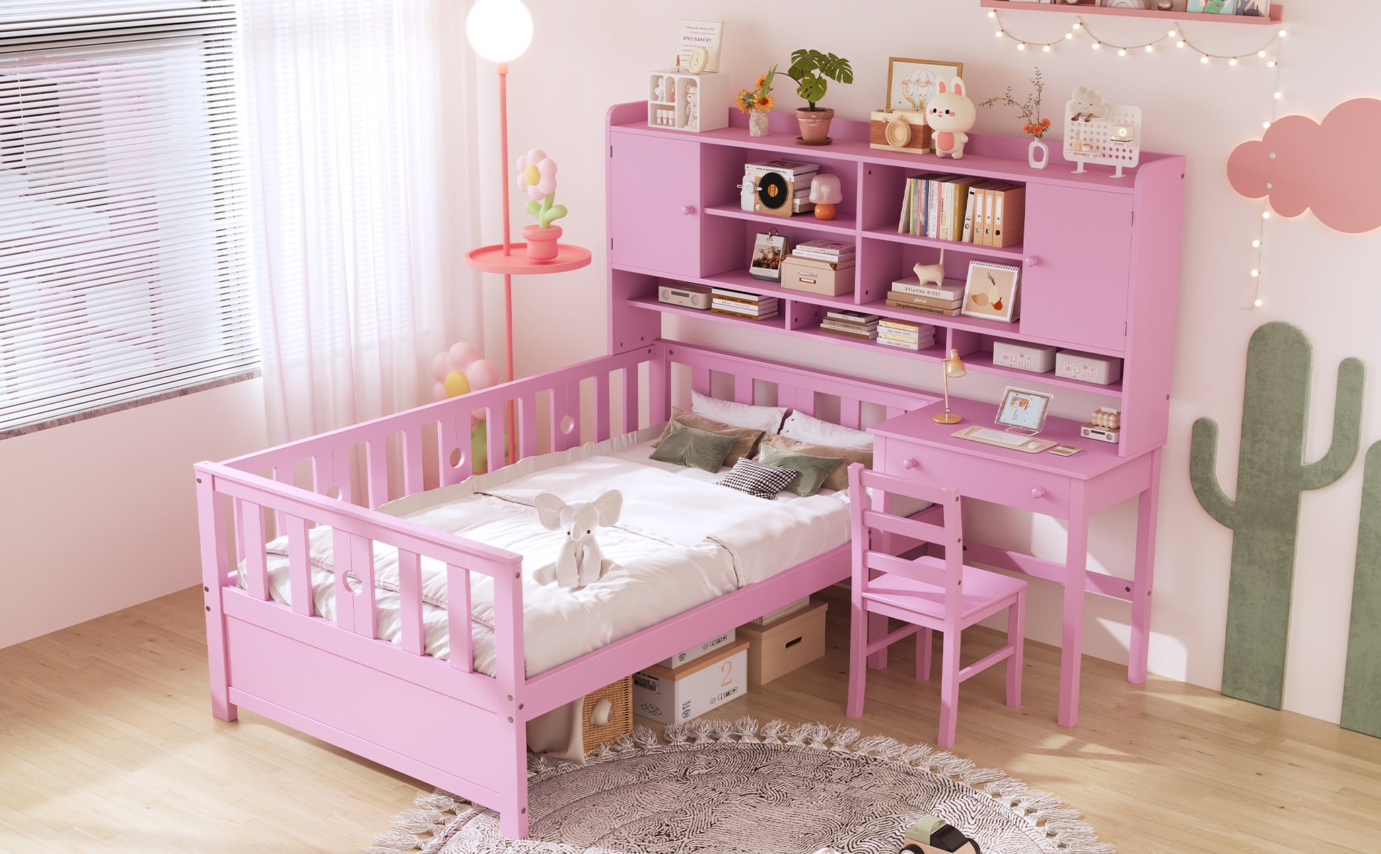 Twin Size Multifunctional Wood Platform Bed With Bookshelf At The Head Of The Bed, Built In Desk And Matching Chair, Pink Twin Pink Wood