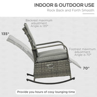 Outsunny Outdoor Rattan Rocking Chair Patio Recliner With Soft Cushions, Adjustable Footrest, Max. 135 Degree Backrest, Pe Wicker, Gray Gray Wicker