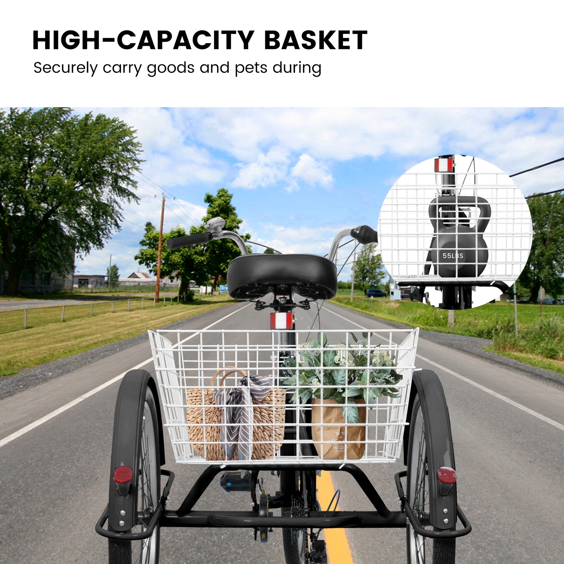 A24632 Adult Tricycles 7 Speed, Adult Trikes 24 Inch 3 Wheel Bikes, Three Wheeled Bicycles Cruise Trike With Shopping Basket For Seniors, Women, Men Black Carbon Steel