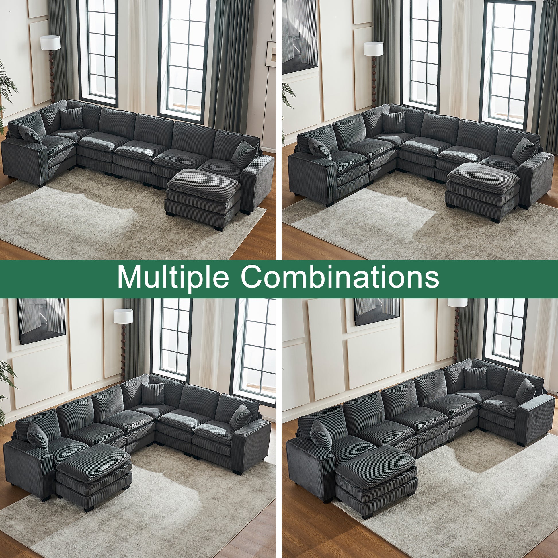 Modern U Shaped 6 Seat Sectional Sofa Couch With One Ottoman And Three Toss Pillows ,Modular Sofa For Living Room,Corduroy Sofa Grey Corduroy 7 Seat