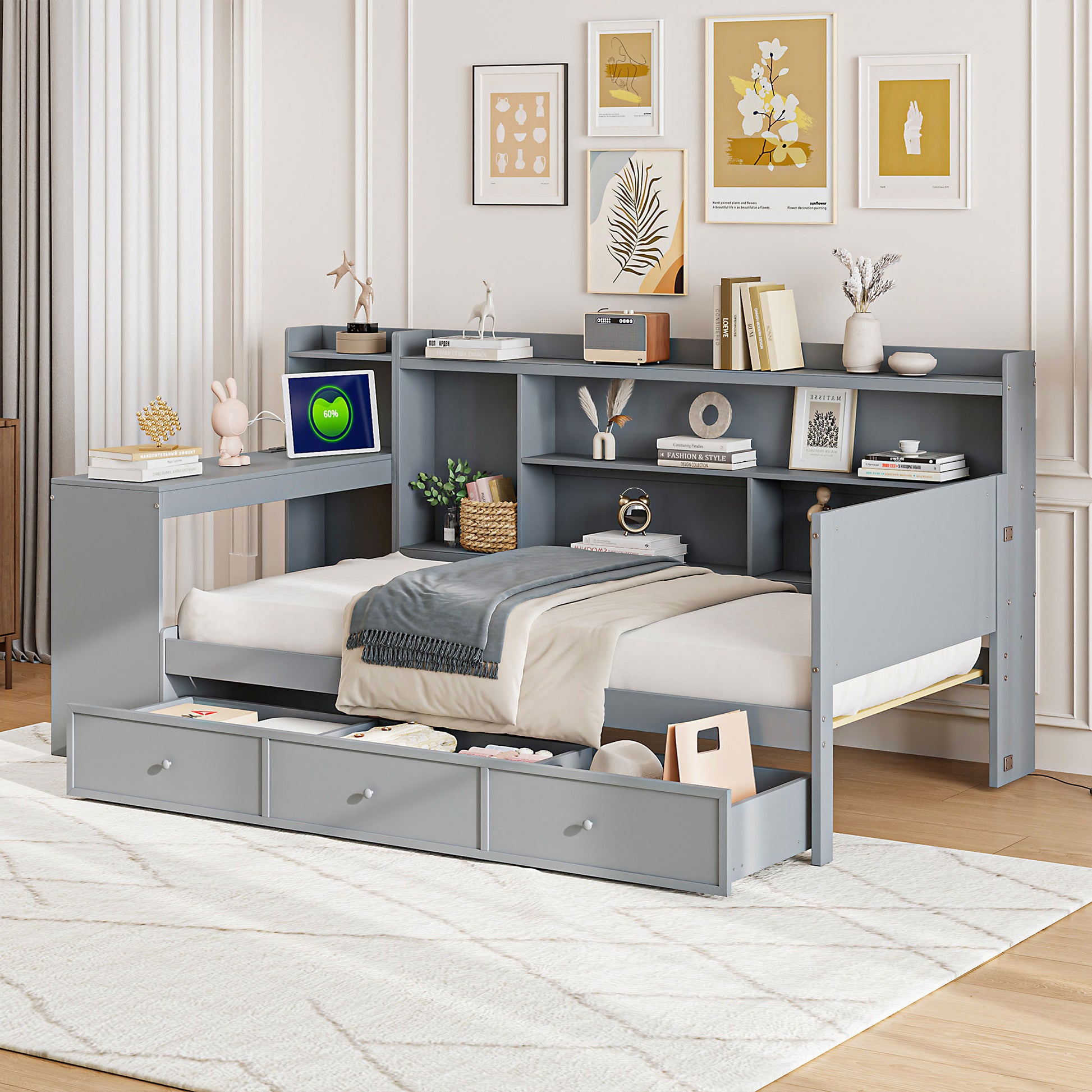 Twin Size Wooden Daybed With 3 Drawers, Usb Ports And Deskgray Twin Gray Wood