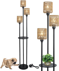 Boho Floor Lamp With Shelves, 3 Lights Farmhouse Tall Floor Lamp With On Off Foot Switch, Rustic Standing Lamp With Rattan Shades For Living Room Bedroom Office Brown Black Rattan Metal